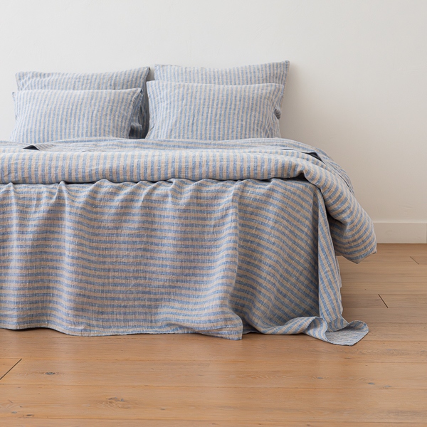Linen Bed Set Ticking Stripe Blue Natural