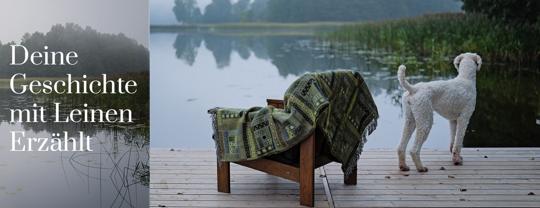 Deine Geschichte mit Leinen erzählt – gemusterte Wolldecken auf einem Holzstuhl am See mit einem weißen Hund.