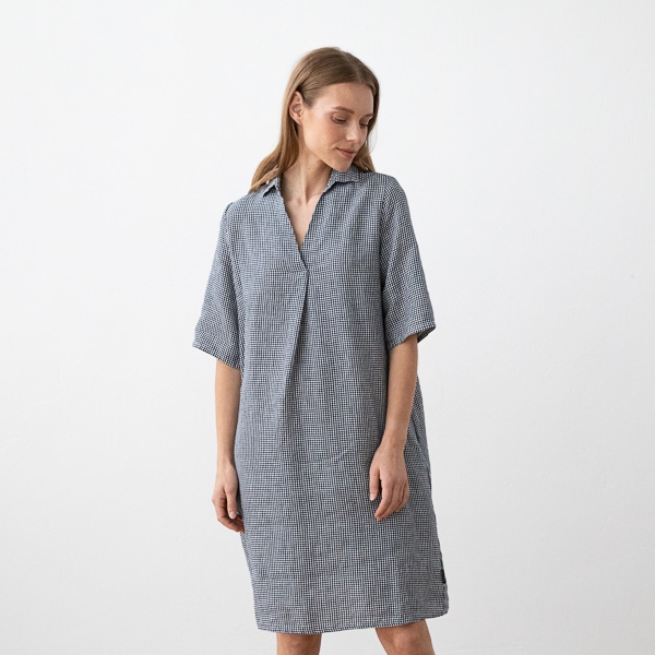 Navy White Gingham Leinen Kleid Nicole