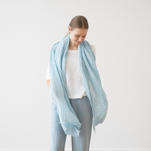 Cloud Blue Leinen Sommerschlal Garza Fringe