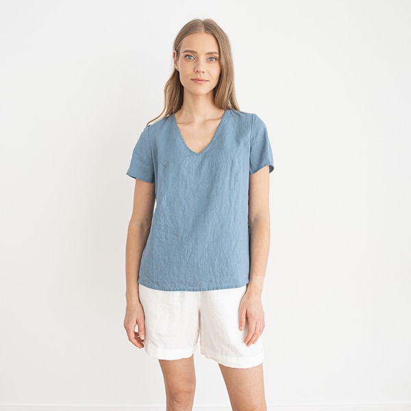 Leinenbluse mit V-Ausschnitt Smoke Blue Luna