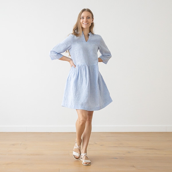 Medium Stripe Light Blue Leinenkleid Ella