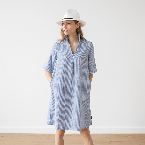 Blue Medium Stripe Leinen Kleid Nicolle